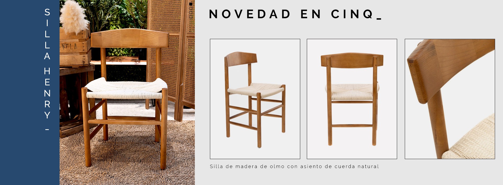 Silla de madera de olmo y asiento de cuerda natural